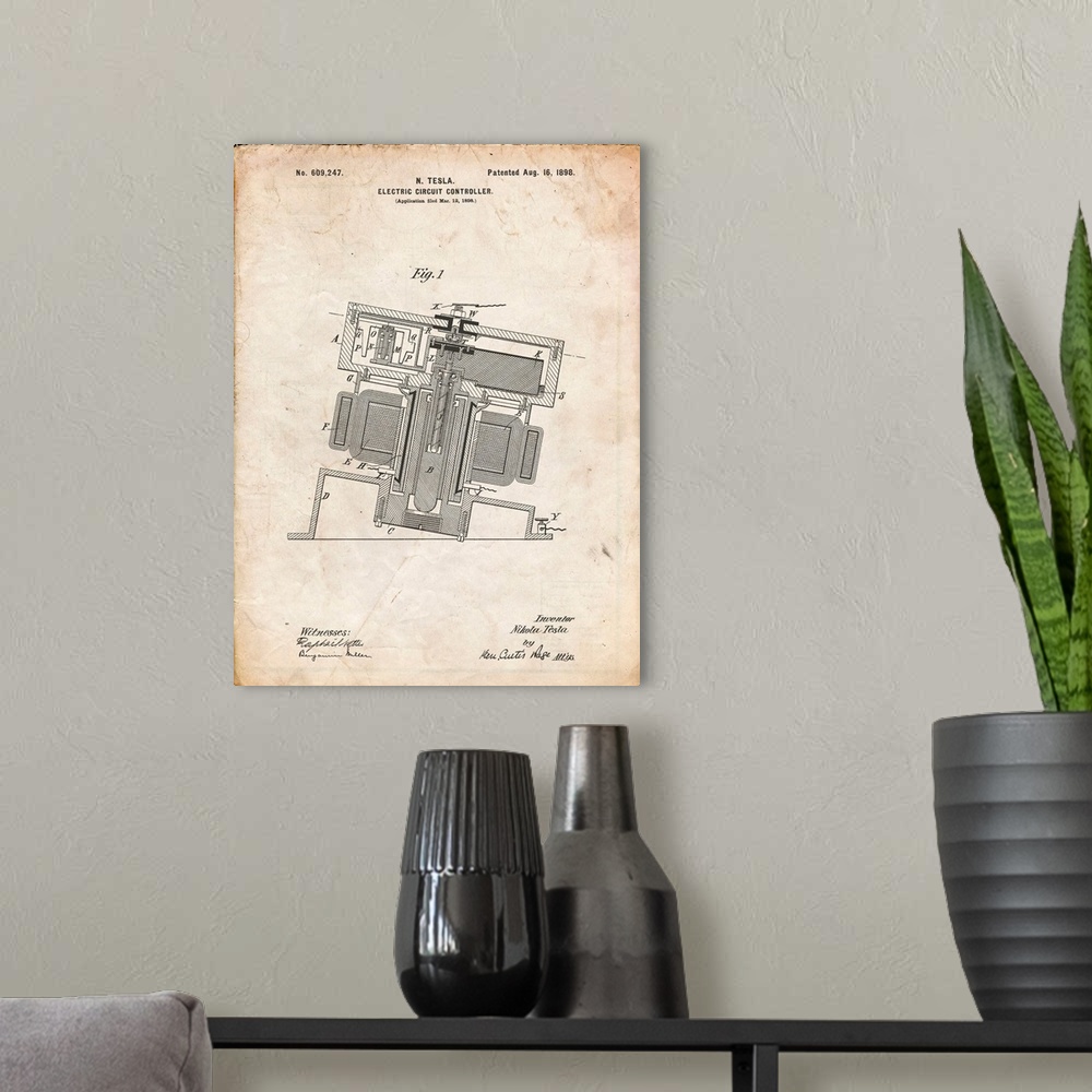 A modern room featuring Vintage Parchment Tesla Electric Circuit Controller Poster