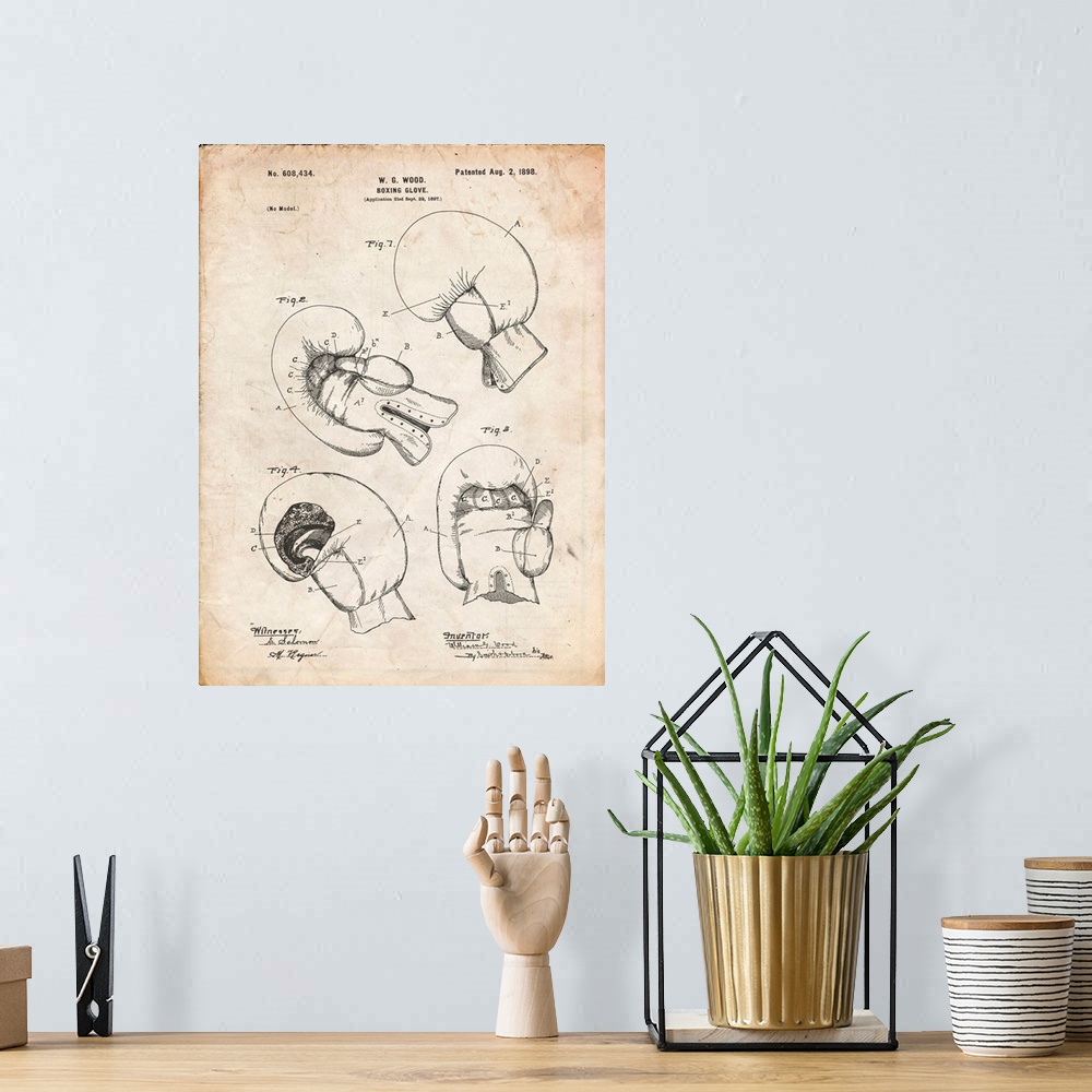 A bohemian room featuring Vintage Parchment Vintage Boxing Glove 1898 Patent Poster