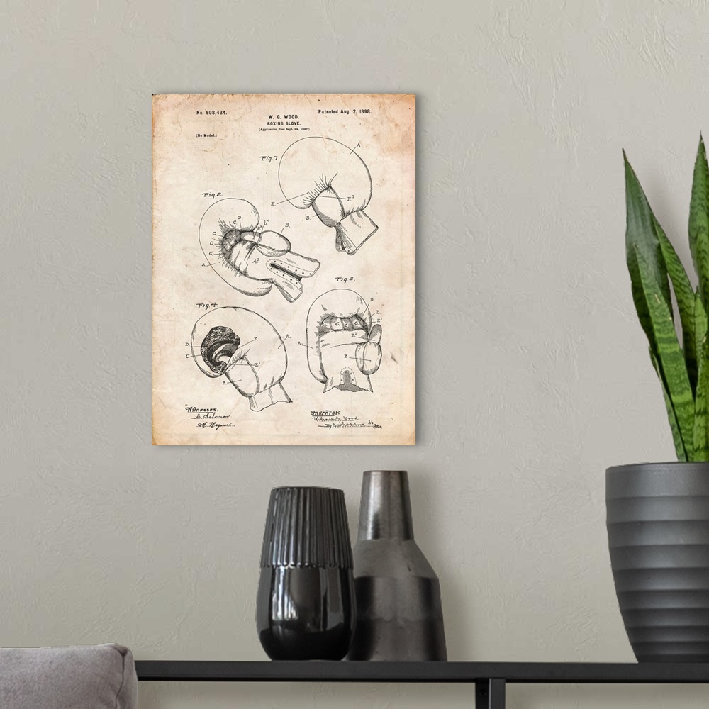 A modern room featuring Vintage Parchment Vintage Boxing Glove 1898 Patent Poster