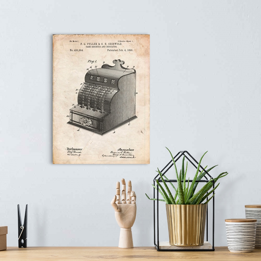 A bohemian room featuring Vintage Parchment Vintage Cash Register 1890 Patent Poster