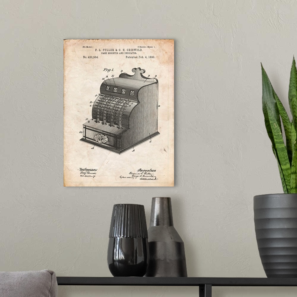 A modern room featuring Vintage Parchment Vintage Cash Register 1890 Patent Poster