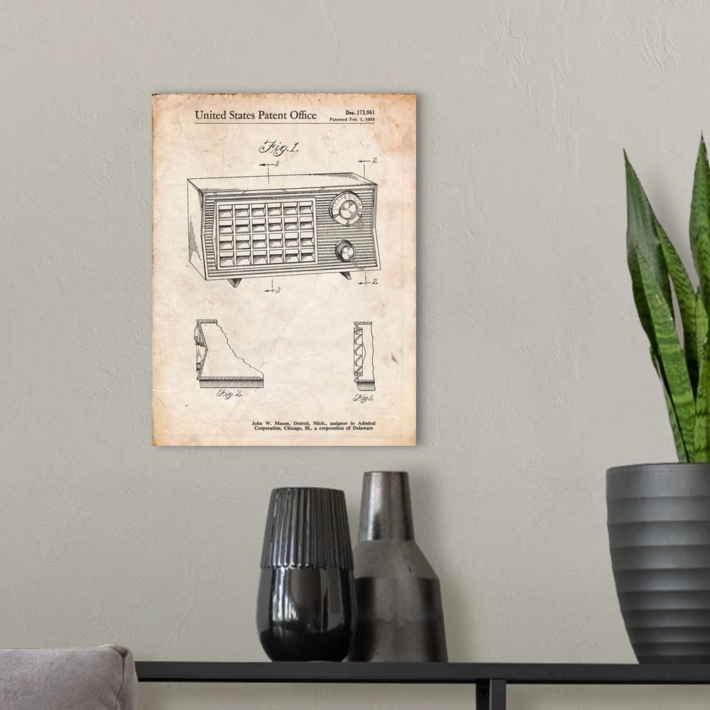 A modern room featuring Vintage Parchment Vintage Table Radio Patent Poster