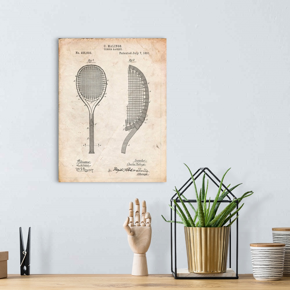 A bohemian room featuring Vintage Parchment Vintage Tennis Racket 1891 Patent Poster