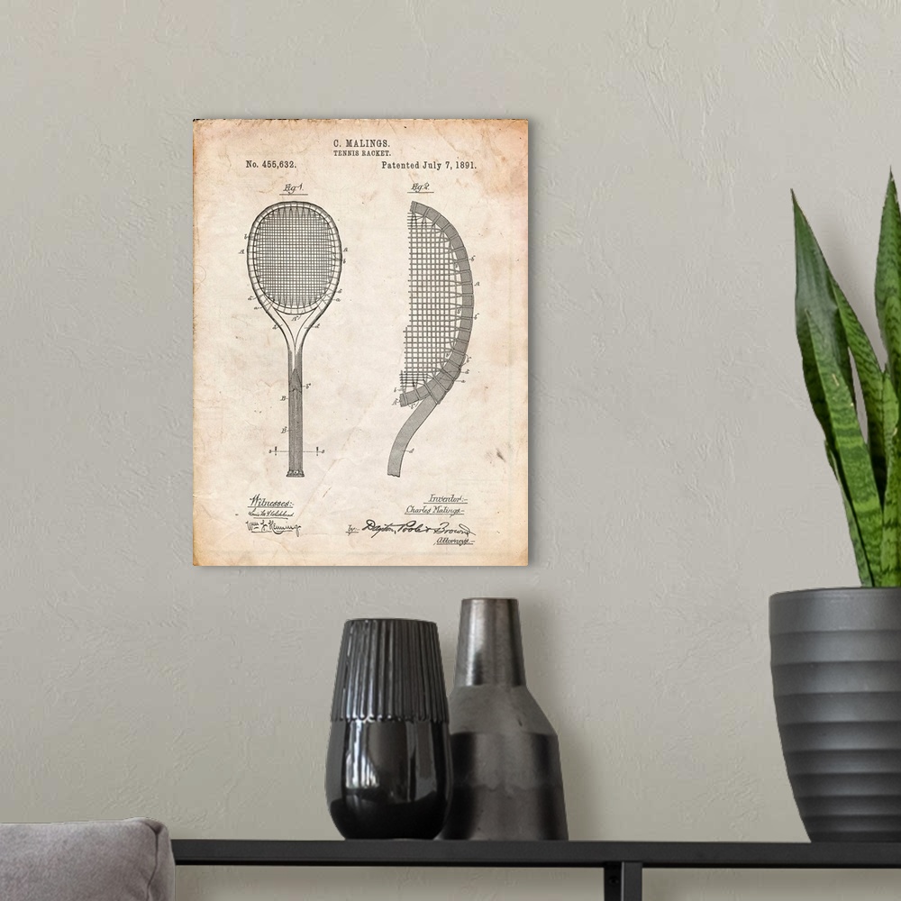 A modern room featuring Vintage Parchment Vintage Tennis Racket 1891 Patent Poster