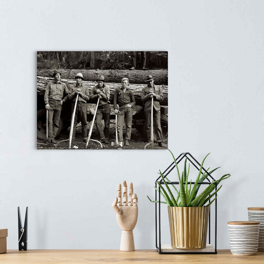 A bohemian room featuring Vintage Photograph of Logging crew standing in front of felled tree on a wagon