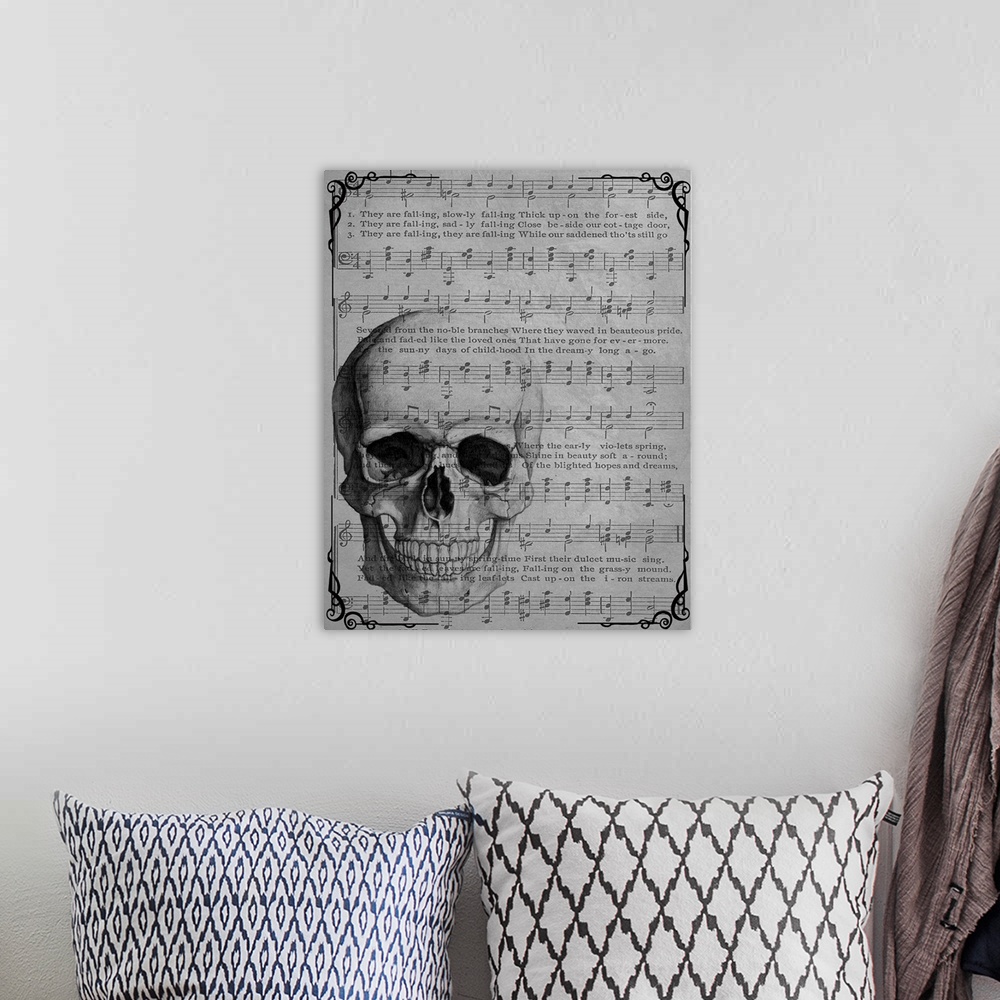 A bohemian room featuring Black and white vintage sheet music with a skull on top.