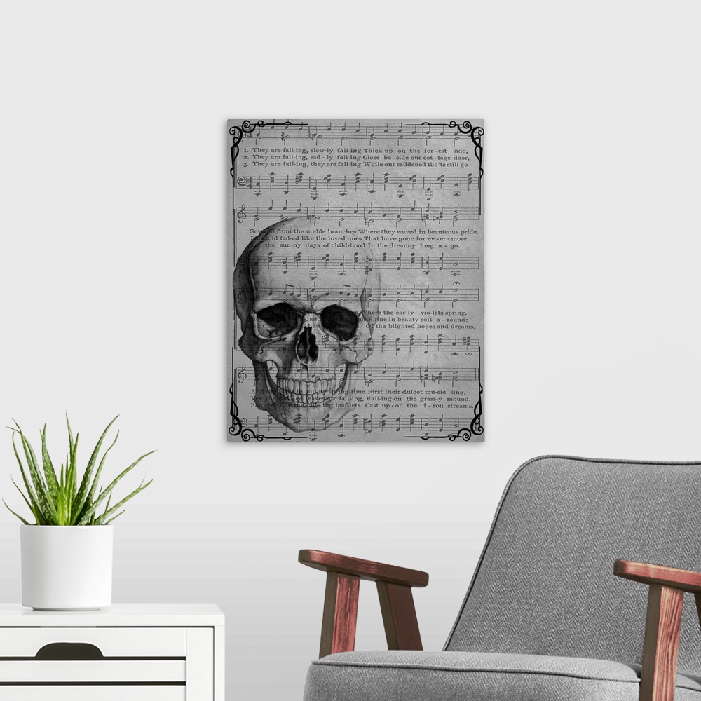 A modern room featuring Black and white vintage sheet music with a skull on top.