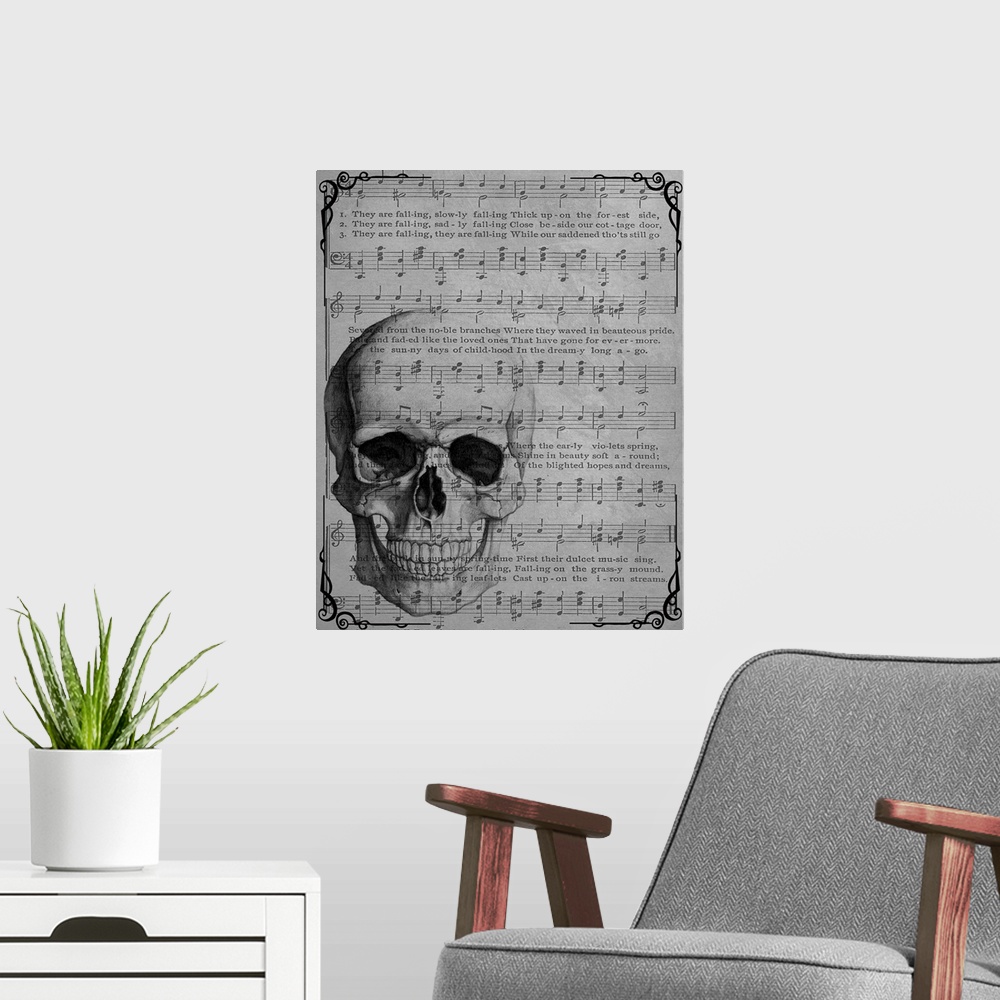 A modern room featuring Black and white vintage sheet music with a skull on top.