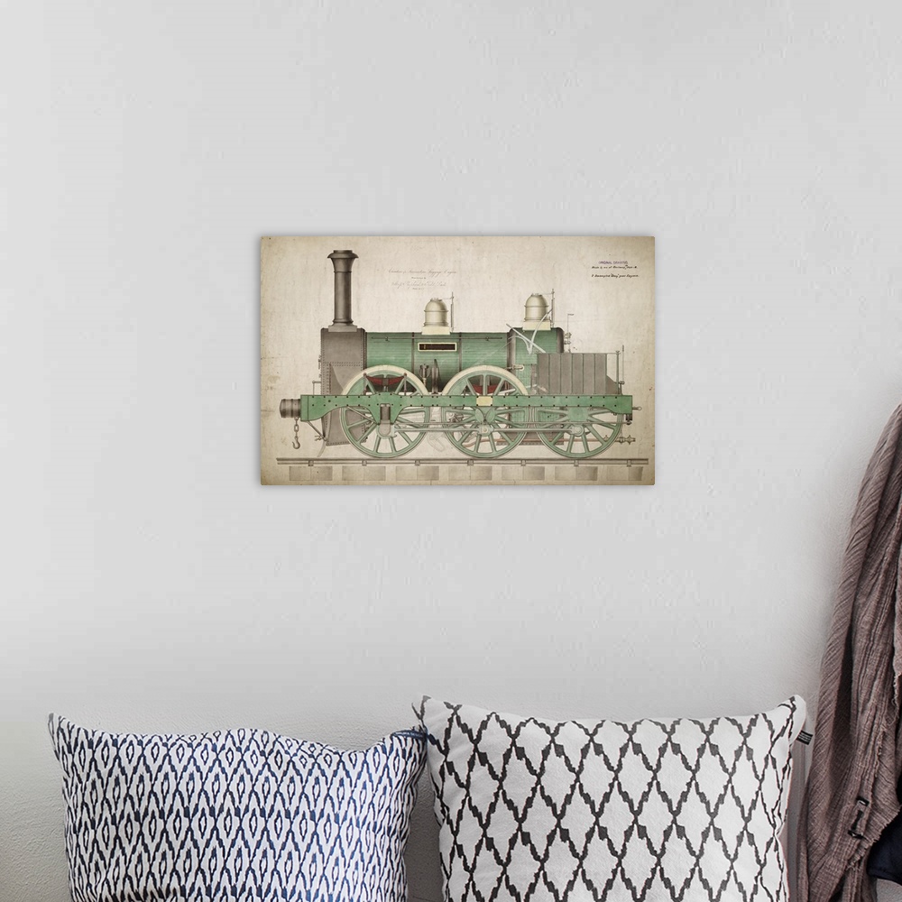 A bohemian room featuring Vintage illustration of a green steam locomotive train against a rustic background.