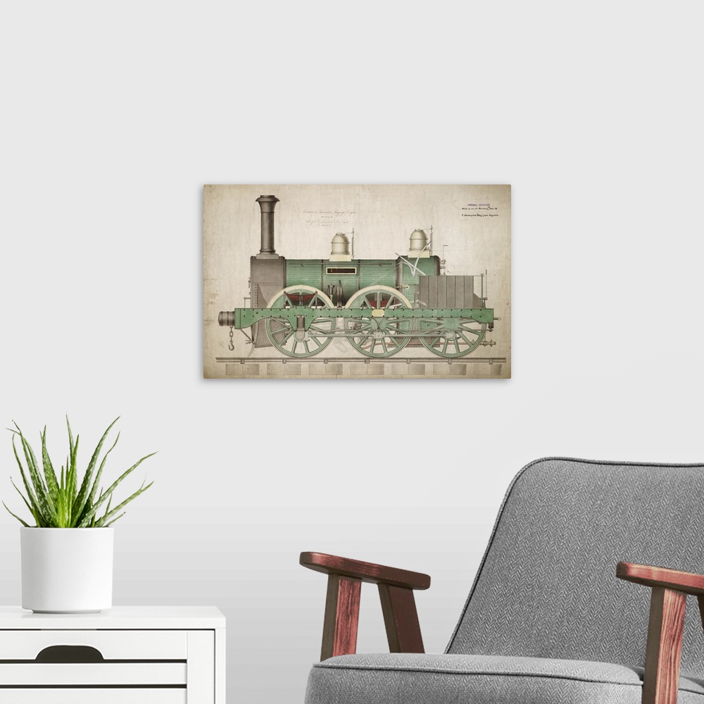 A modern room featuring Vintage illustration of a green steam locomotive train against a rustic background.