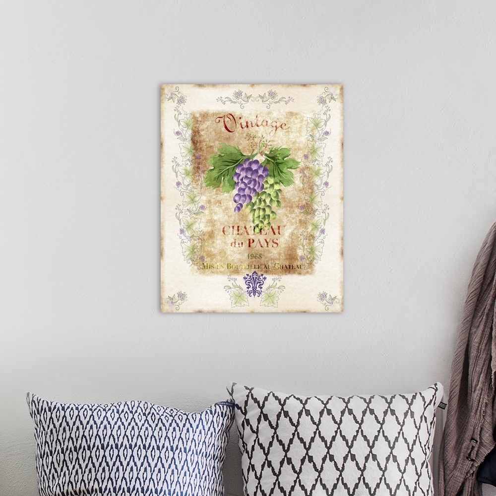 A bohemian room featuring Contemporary home decor artwork of a rustic wine label.