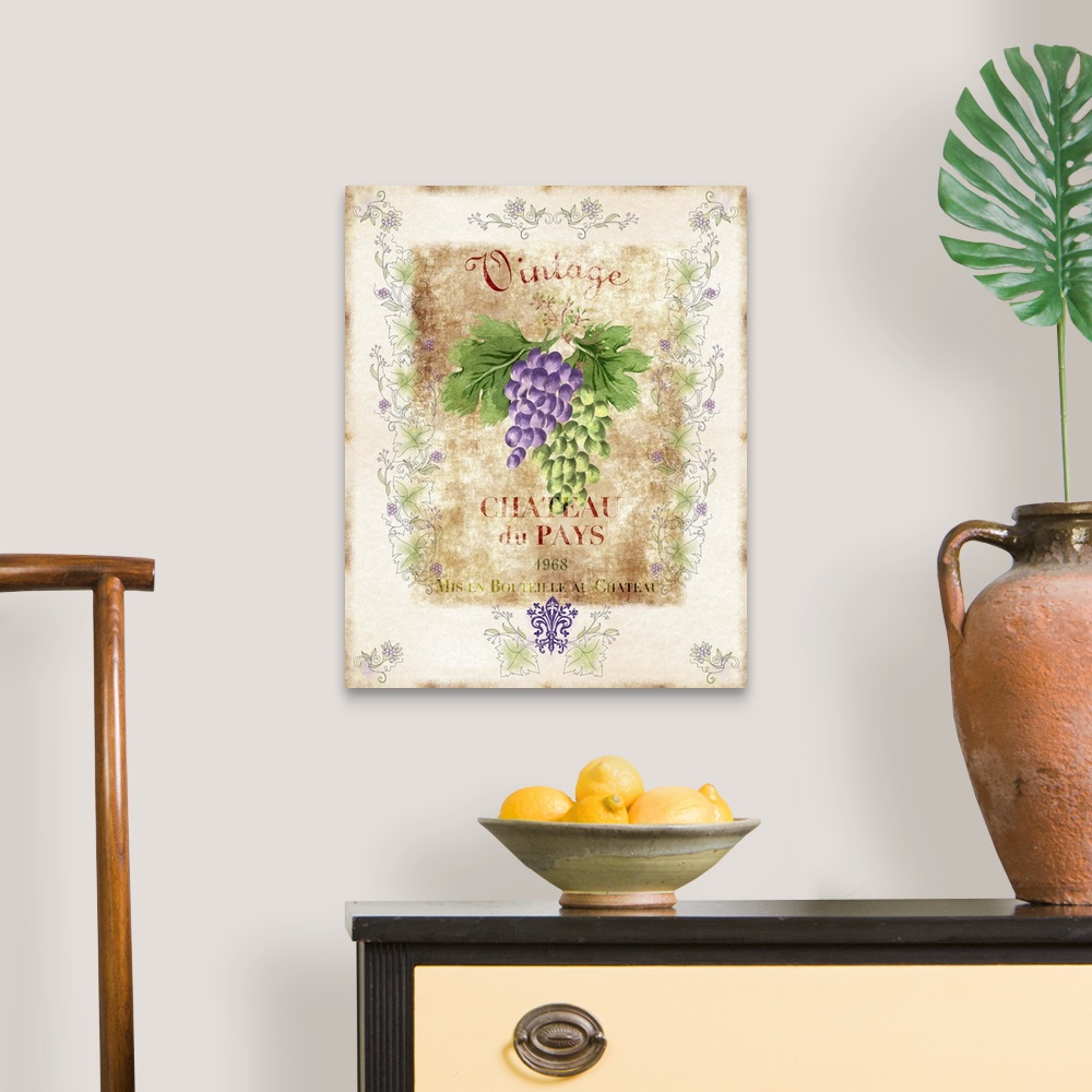 A traditional room featuring Contemporary home decor artwork of a rustic wine label.