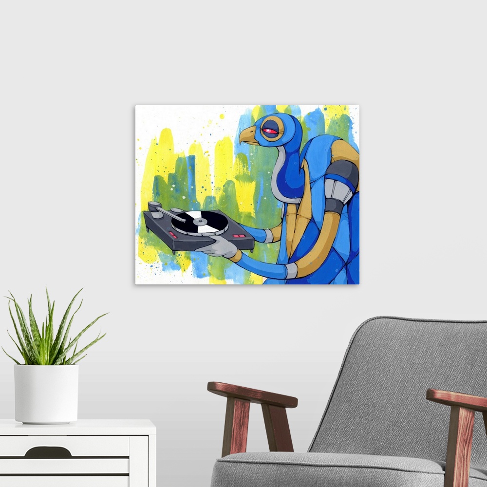 A modern room featuring Painting of a blue, tan, and grey vulture carrying a record player.