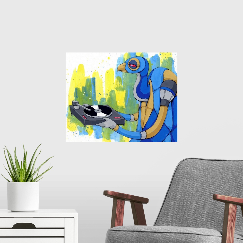 A modern room featuring Painting of a blue, tan, and grey vulture carrying a record player.