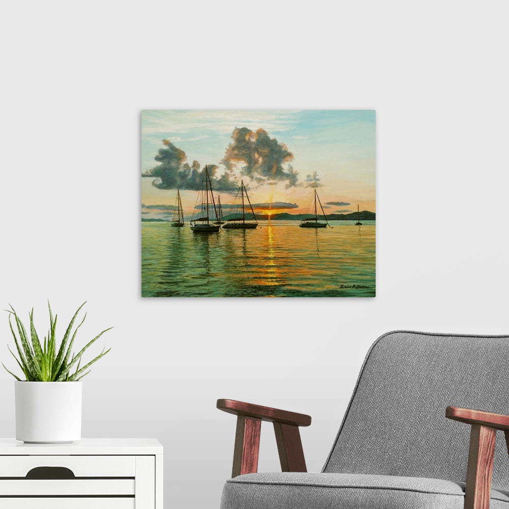 A modern room featuring Contemporary artwork of a cove with sailboats moored with islands in the background.