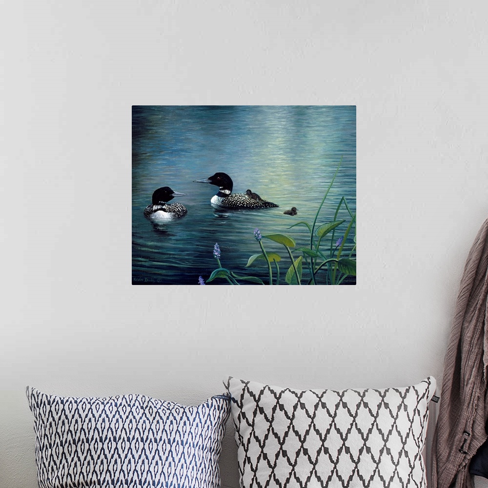 A bohemian room featuring Contemporary artwork of virginia loons and chicks in the water.