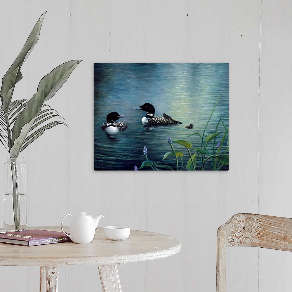 A farmhouse room featuring Contemporary artwork of virginia loons and chicks in the water.