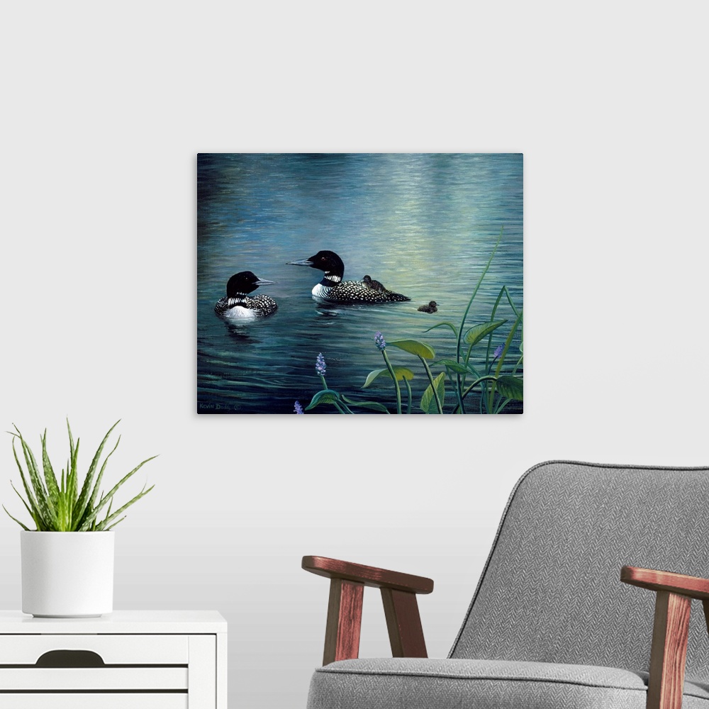 A modern room featuring Contemporary artwork of virginia loons and chicks in the water.