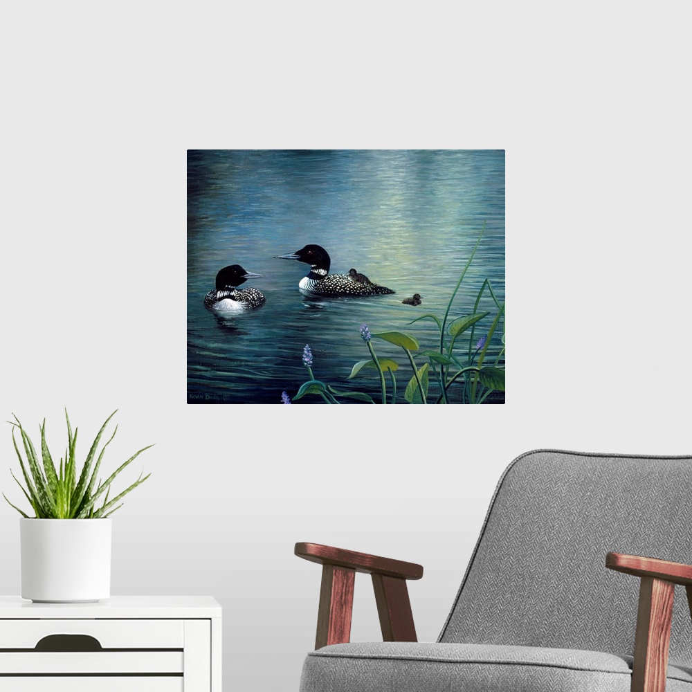 A modern room featuring Contemporary artwork of virginia loons and chicks in the water.