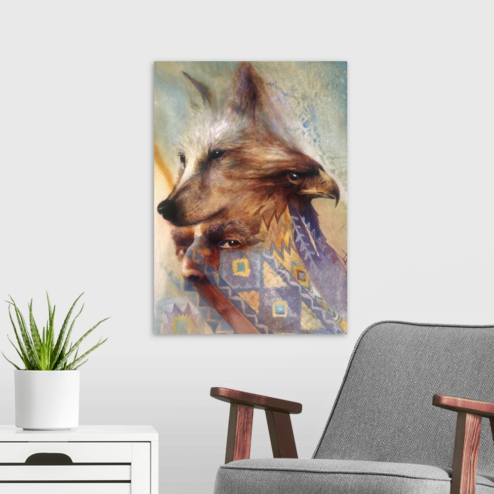 A modern room featuring A contemporary painting of a mans eyes surrounded by a wolf and eagle's head at the top and Nativ...