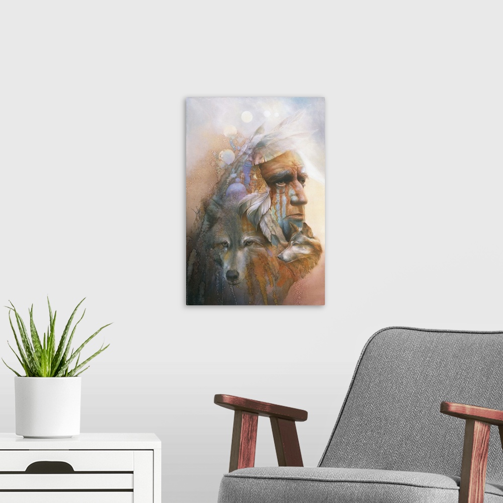 A modern room featuring A contemporary painting of an elderly Native American man surrounded by wolves and feathers.