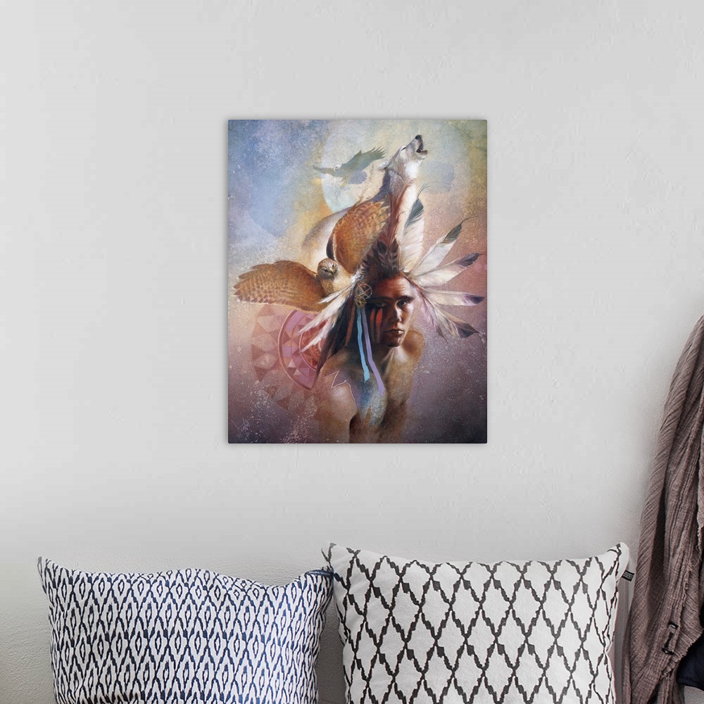 A bohemian room featuring A contemporary painting of a young Native American man wearing feathers in his hair and the image...