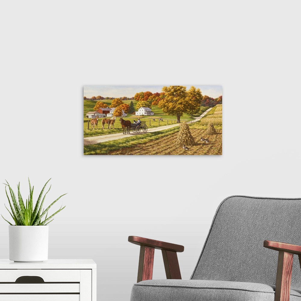 A modern room featuring A country fall scene with a horse and buggy going down a dirt road with a couple horses and a cou...