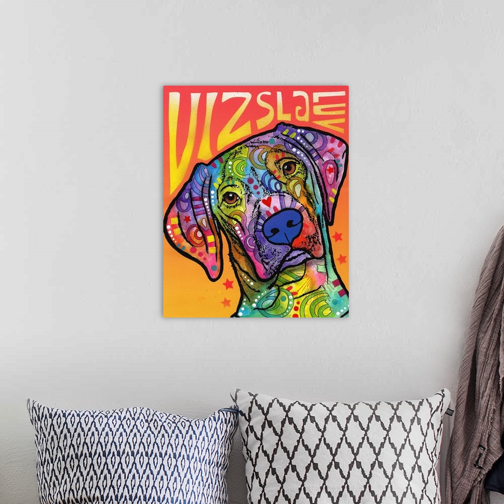 A bohemian room featuring "Vizsla Luv" written around a colorful painting of a Vizsla with abstract markings.
