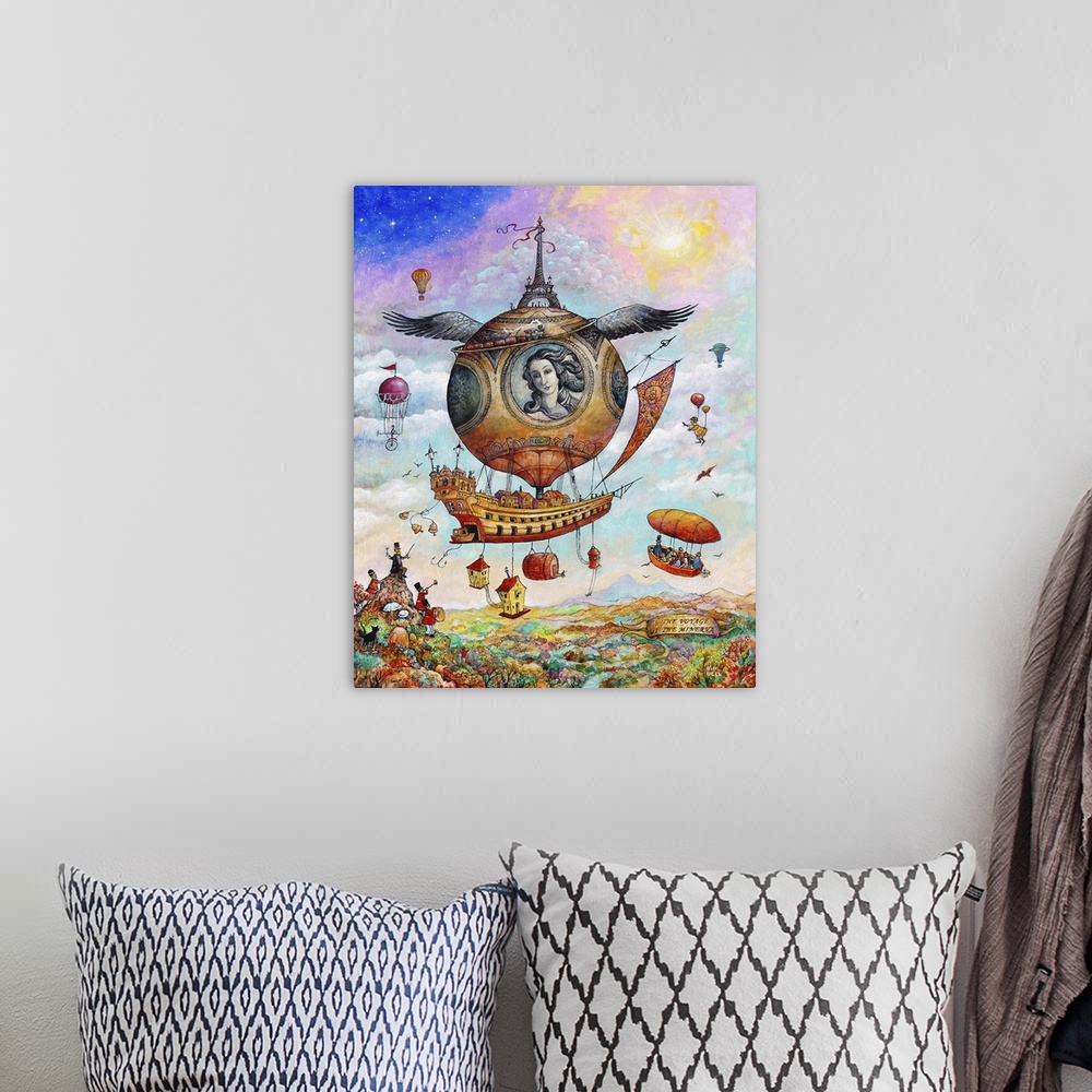 A bohemian room featuring A painting of a scene of airships flying over a valley.