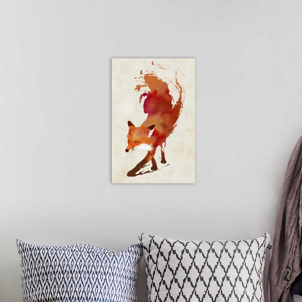 A bohemian room featuring Contemporary artwork of a red fox with a watercolor paint trail coming off it.