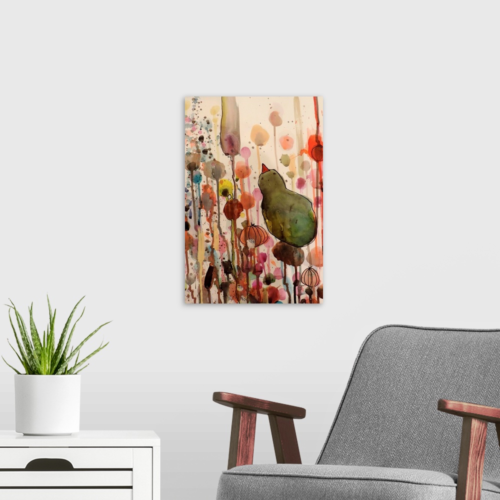 A modern room featuring Colorful contemporary watercolor painting of a bird perched on a branch against a colorful backgr...