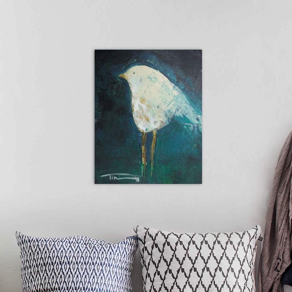 A bohemian room featuring Contemporary painting of a little white bird on a dark background.
