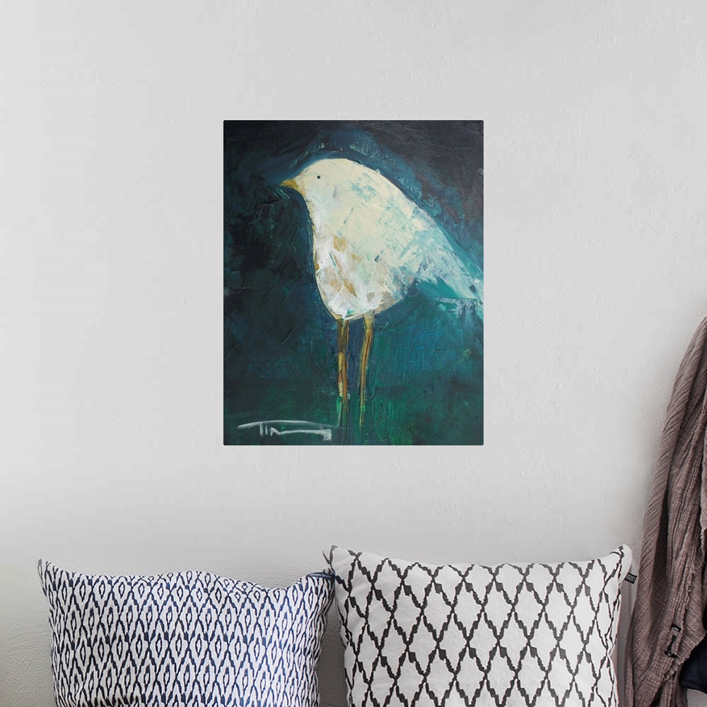A bohemian room featuring Contemporary painting of a little white bird on a dark background.