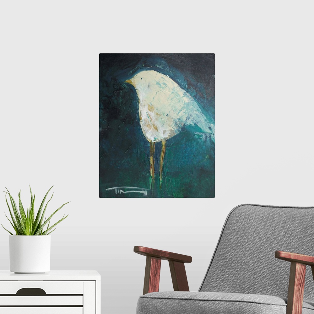 A modern room featuring Contemporary painting of a little white bird on a dark background.