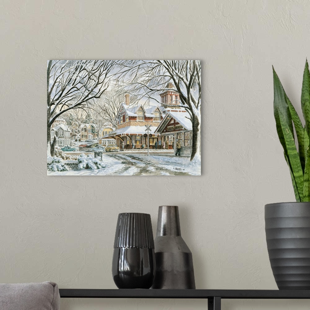 A modern room featuring Contemporary painting of an idyllic winter scene in a suburban neighborhood.