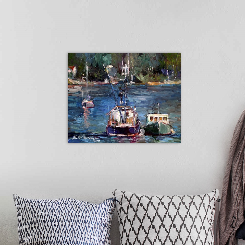 A bohemian room featuring Contemporary painting of a fishing boat in a harbor.