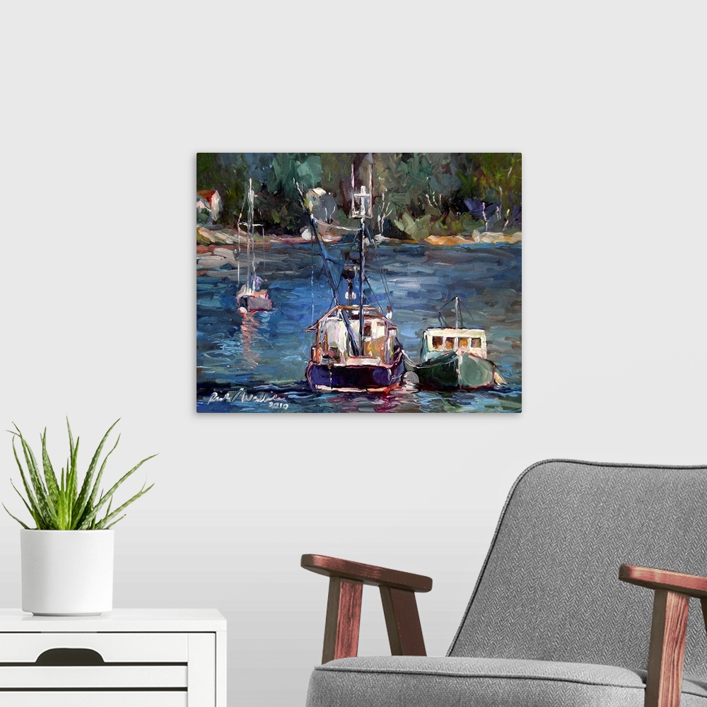 A modern room featuring Contemporary painting of a fishing boat in a harbor.