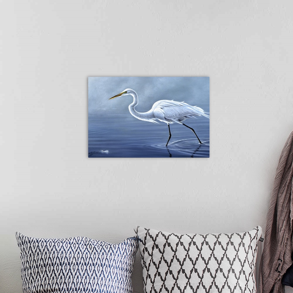 A bohemian room featuring Egret walking in water.