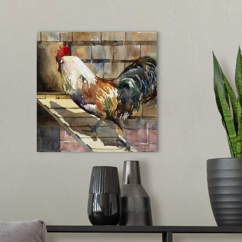 A modern room featuring Rooster walking up the plank into the hen house.