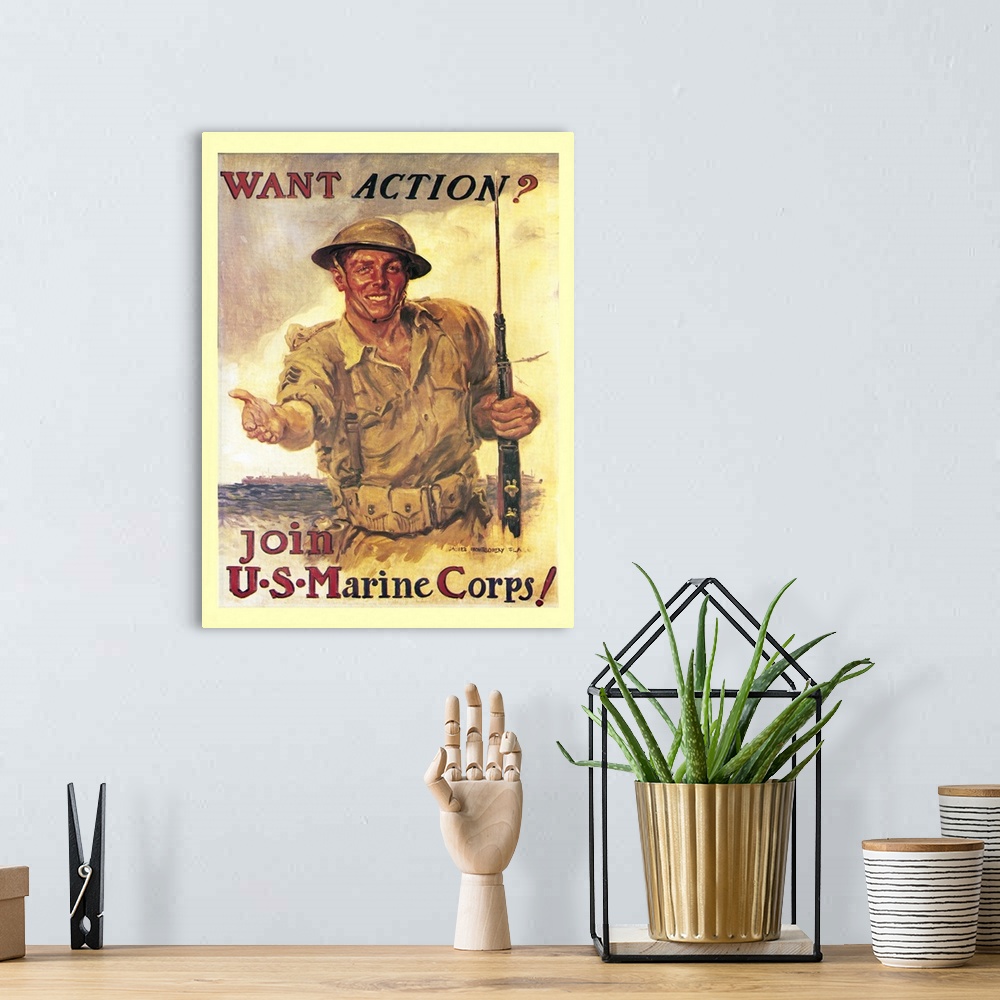 A bohemian room featuring Want Action? - Vintage Marines Poster