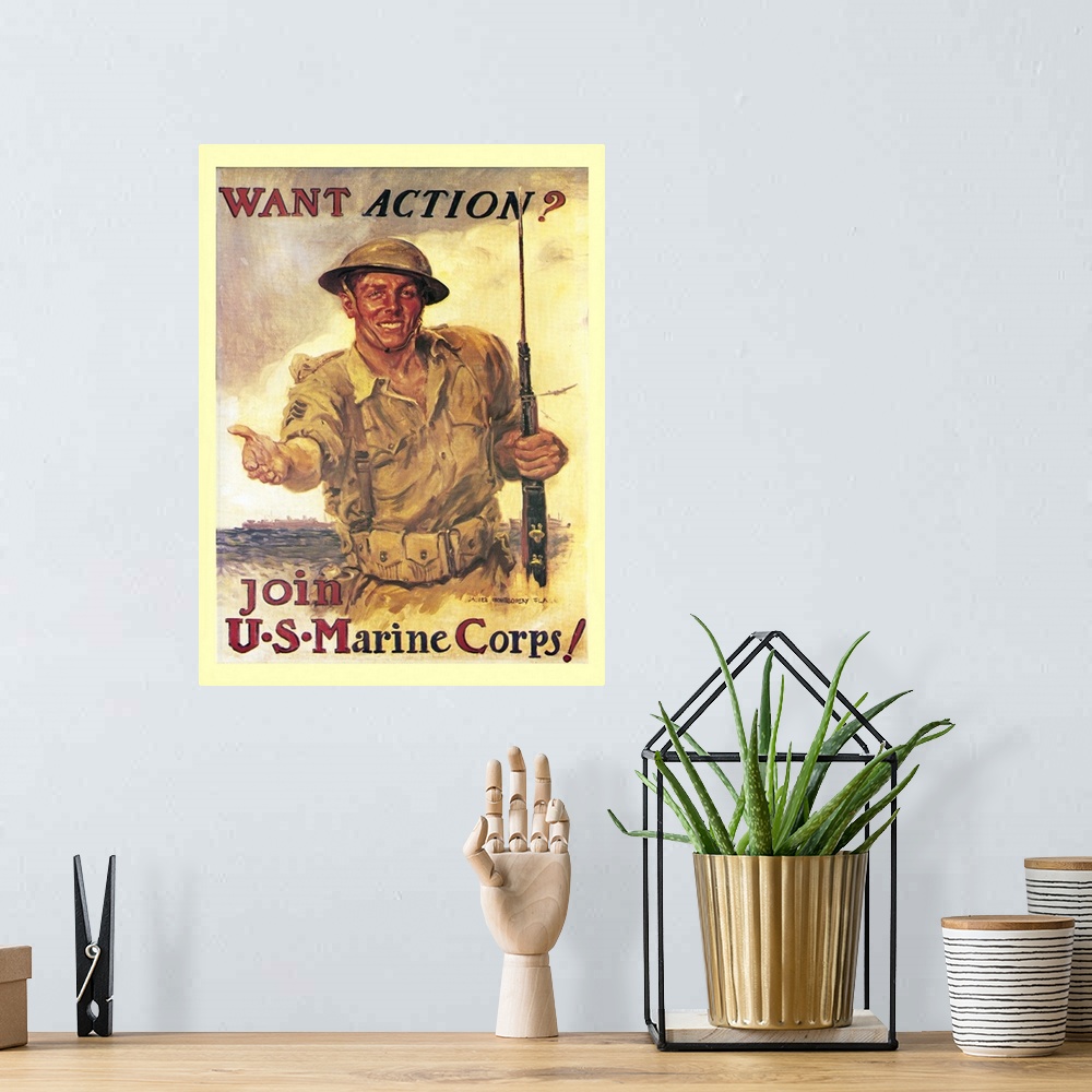 A bohemian room featuring Want Action? - Vintage Marines Poster