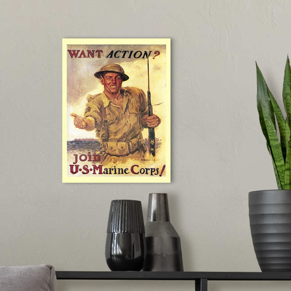 A modern room featuring Want Action? - Vintage Marines Poster
