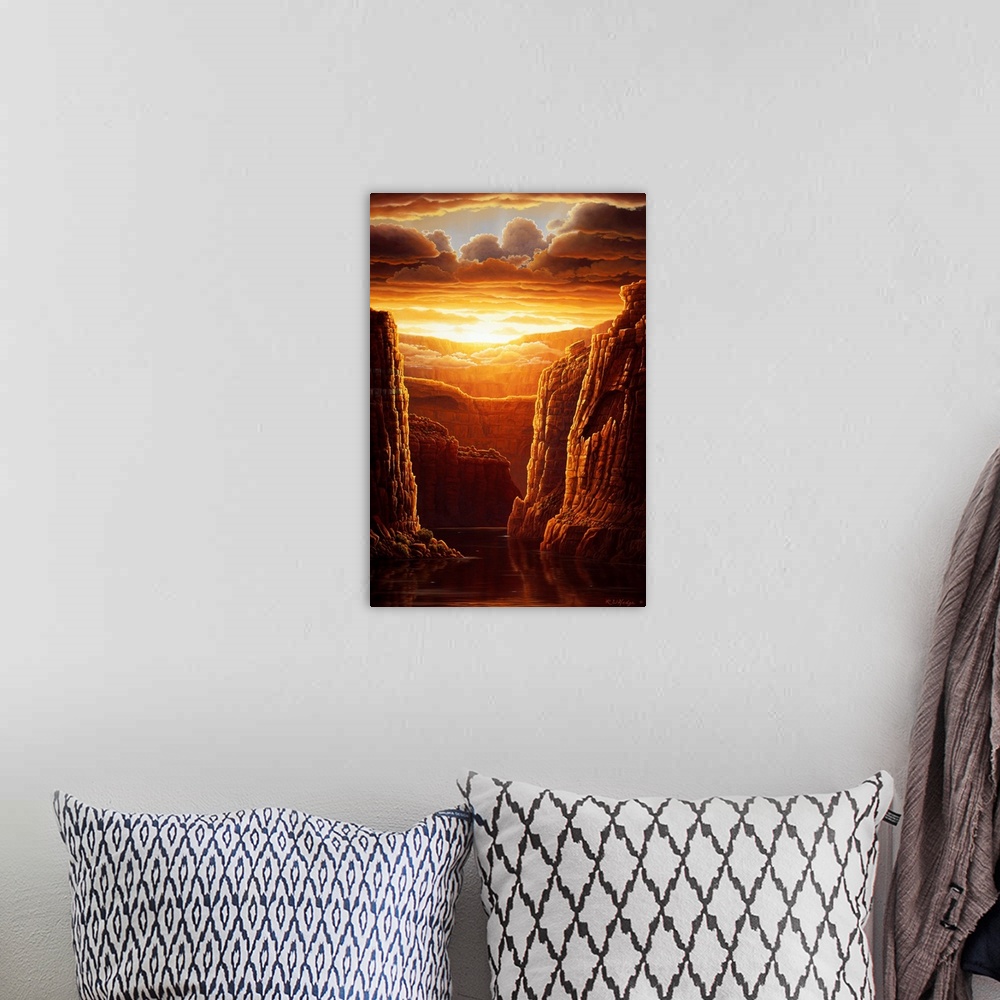 A bohemian room featuring Contemporary landscape painting of the Grand Canyon as the sunsets under the clouds.