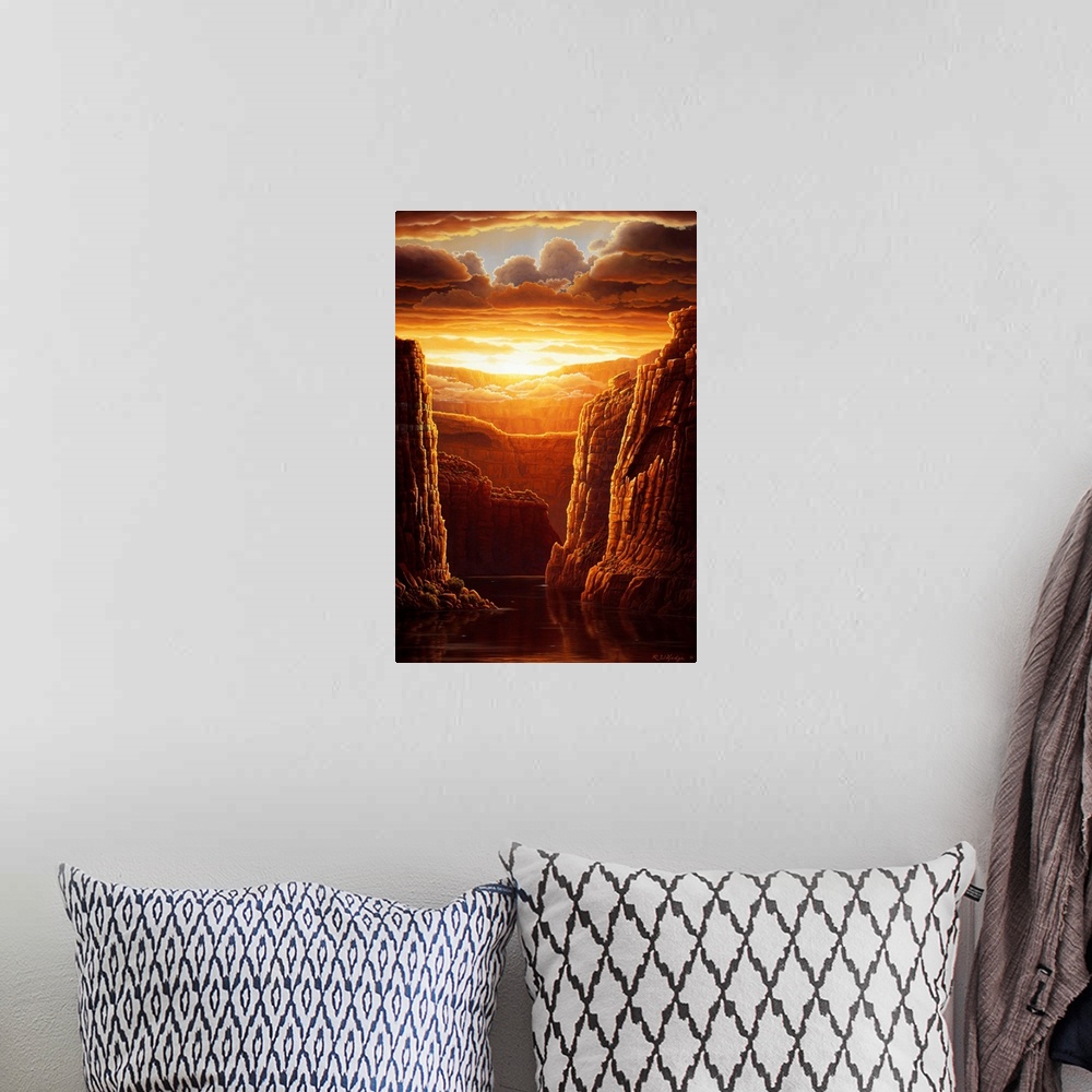 A bohemian room featuring Contemporary landscape painting of the Grand Canyon as the sunsets under the clouds.