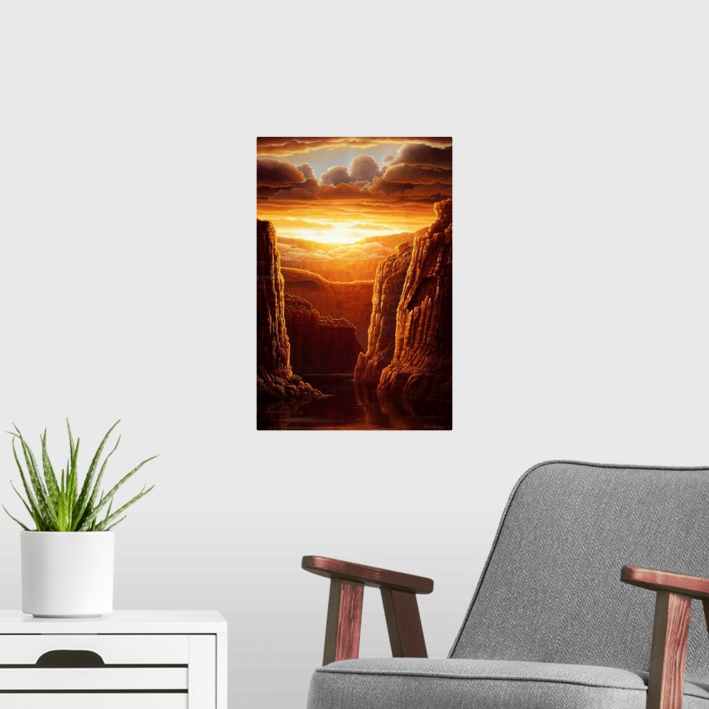 A modern room featuring Contemporary landscape painting of the Grand Canyon as the sunsets under the clouds.