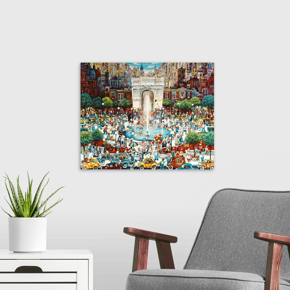 A modern room featuring A painting of a bustling Washington Square.
