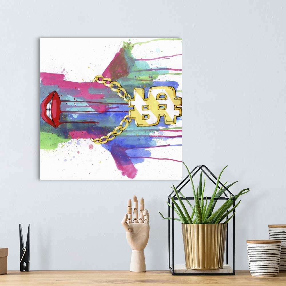 A bohemian room featuring Pop art painting of a large gold dollar sign pendant on the neck of a watercolor figure.
