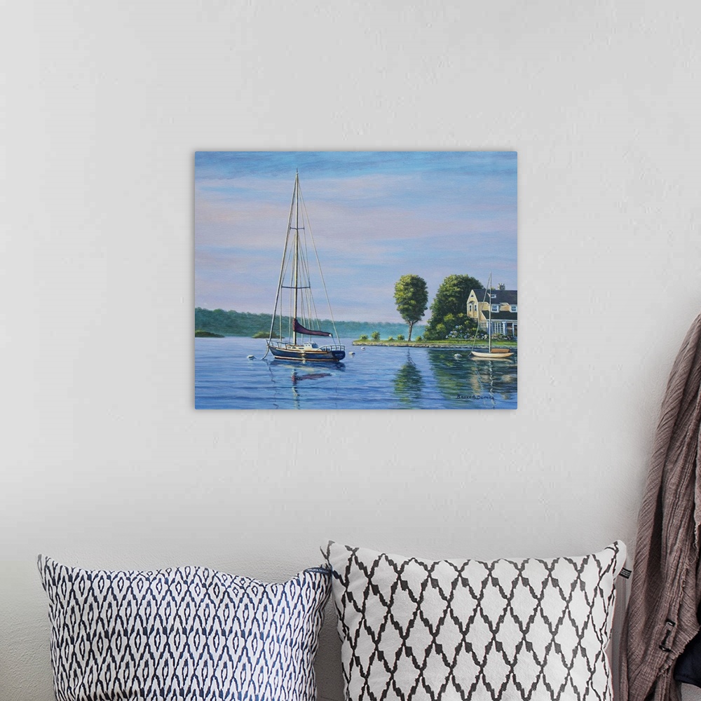 A bohemian room featuring Contemporary artwork of a sail boat next to a house.