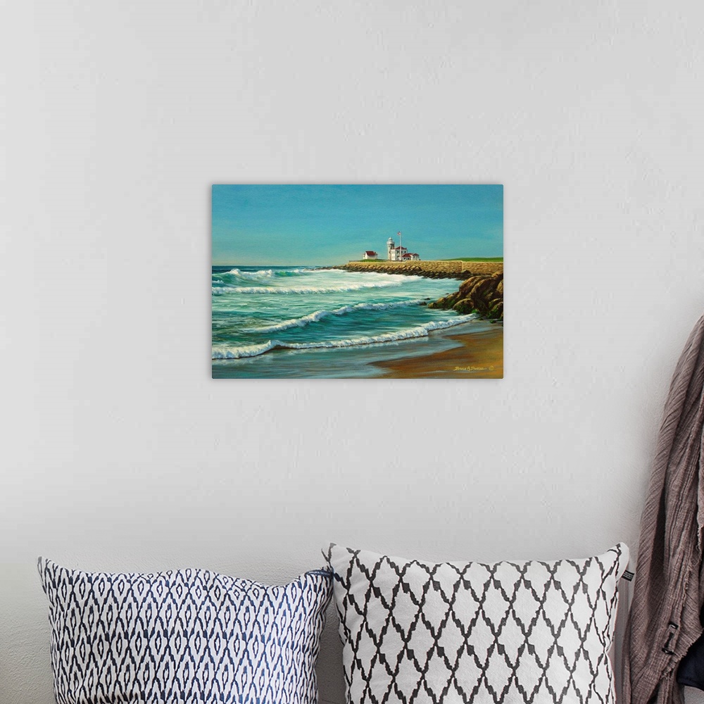 A bohemian room featuring Contemporary artwork of an oceanfront with lighthouse in the background.
