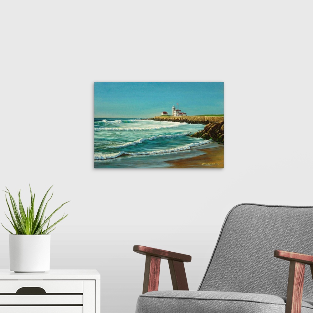 A modern room featuring Contemporary artwork of an oceanfront with lighthouse in the background.